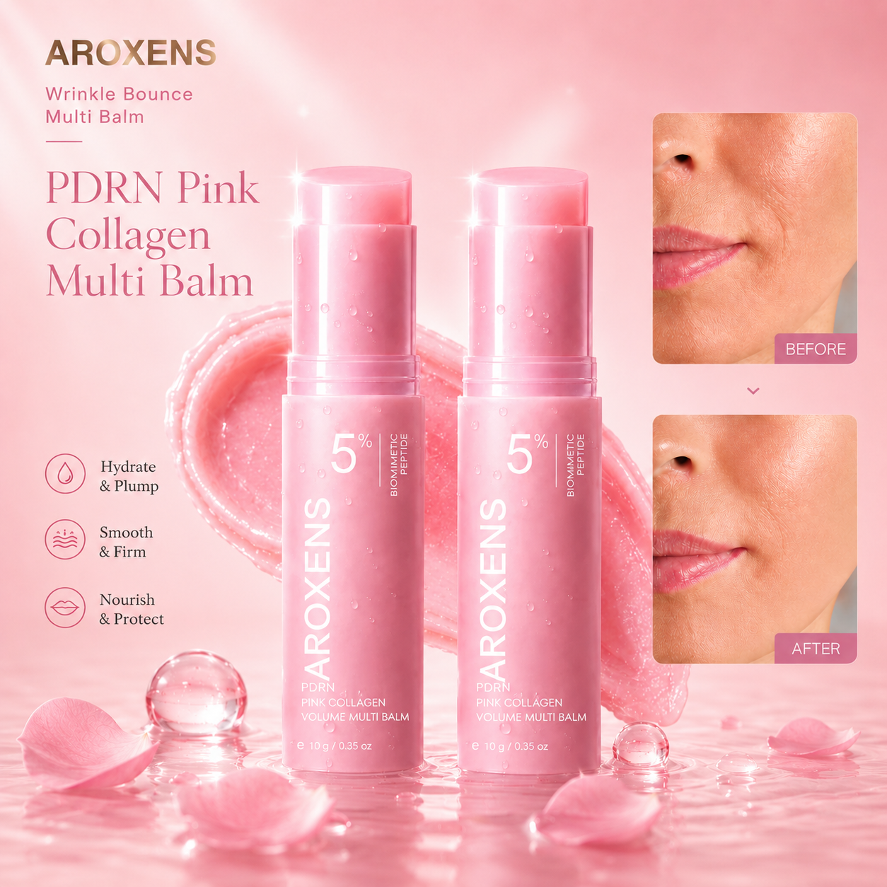 Aroxens PDRN Pink Collagen Multi Balm Stick – Wrinkle Care, Plumping Firming & Moisturizing Face Balm